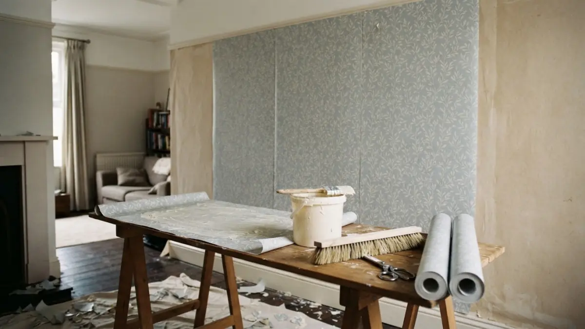 Three drops of grey-blue leaf-pattern wallpaper on a wall, behind a pasting table with a bucket, brushes and two rolls.