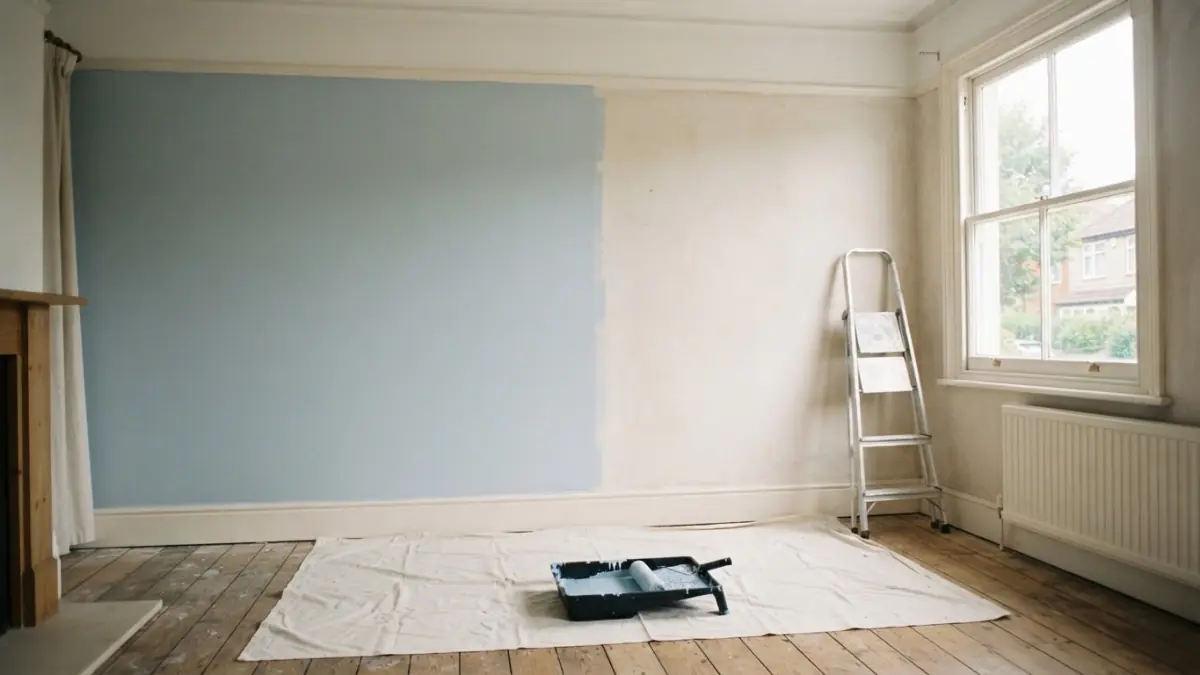 A wall painted pale blue on its left half, a roller in a tray on a dust sheet, and a stepladder by a sunlit window.