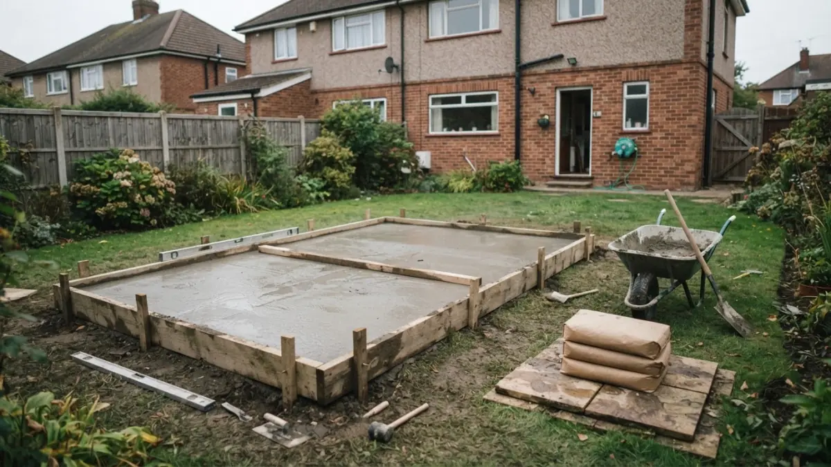 A new concrete shed base in timber formwork, with a tamping beam across it, a wheelbarrow and plain bags of dry mix.
