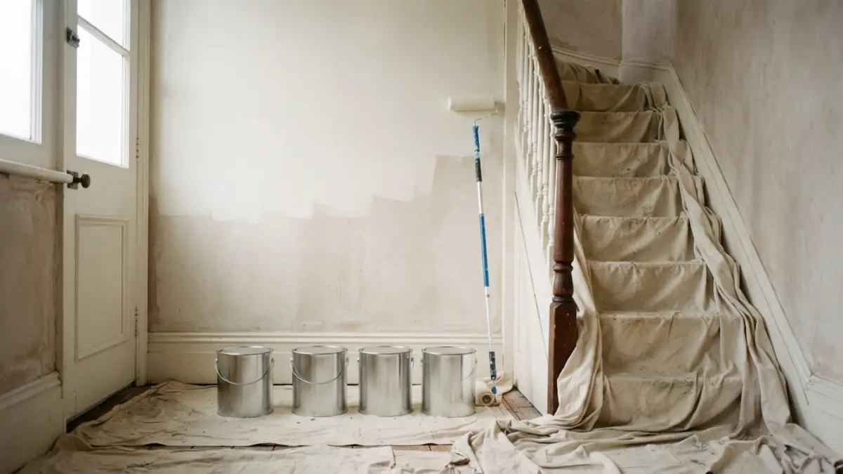 A hallway at the foot of the stairs, half painted, with dust sheets on the treads and four plain tins by the door.