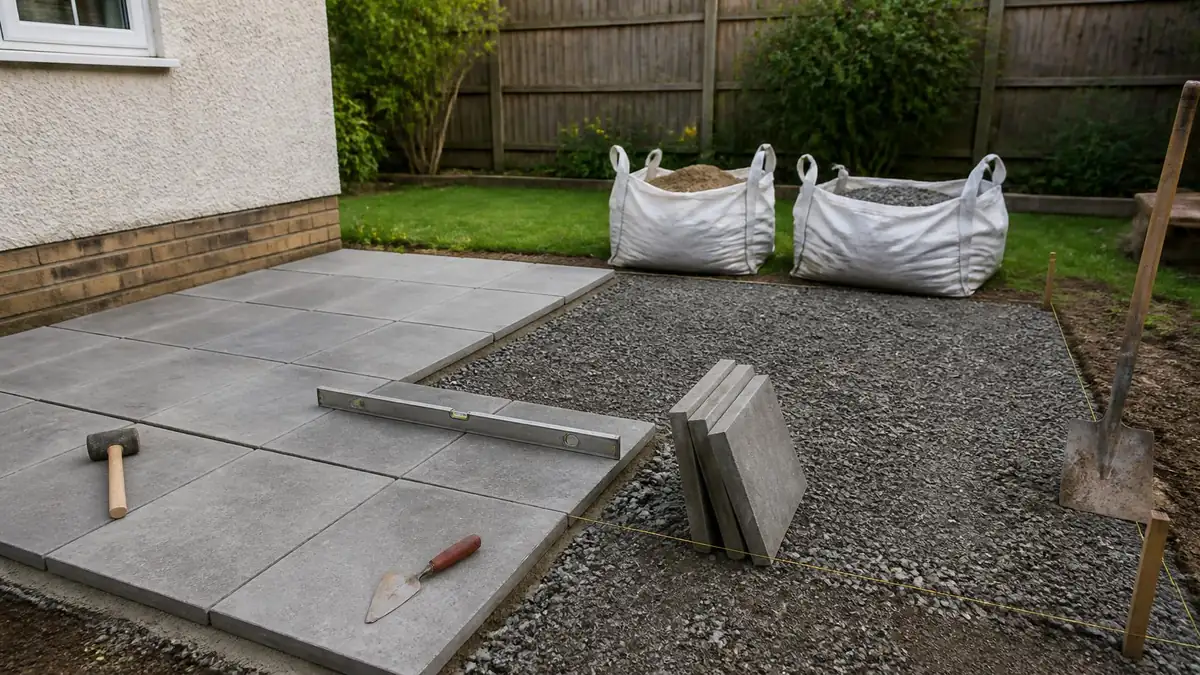 A garden patio half laid in grey slabs, the rest a stone sub-base in a string line, with a level and two bulk bags.