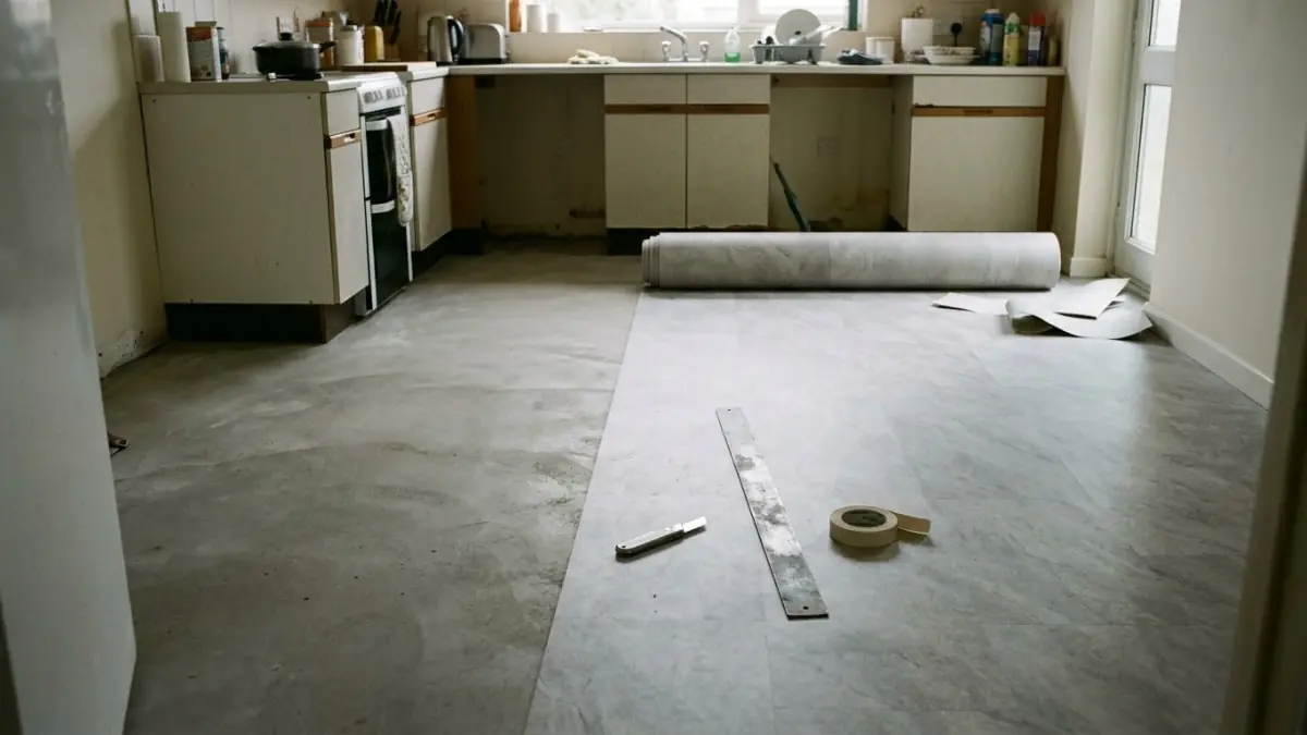 A kitchen floor half covered by a sheet of grey vinyl from a roll, with a knife, a straight edge and a roll of tape.