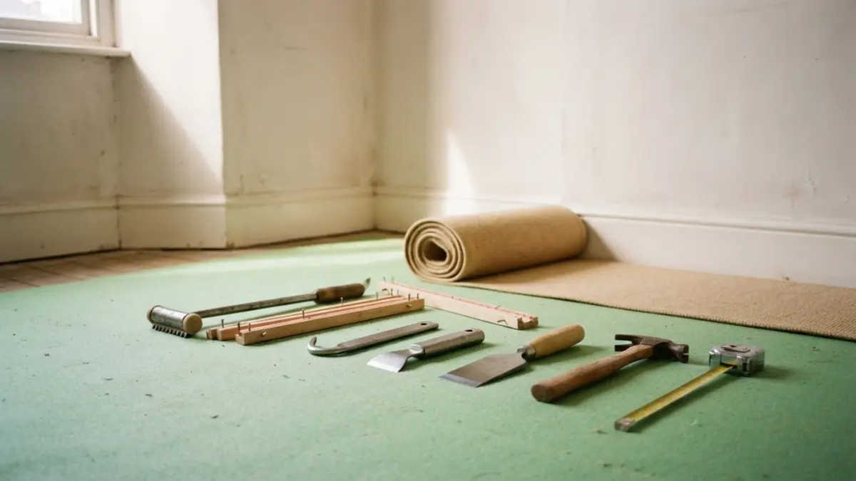 Carpet fitting tools laid out on green foam underlay, in front of a roll of beige carpet.