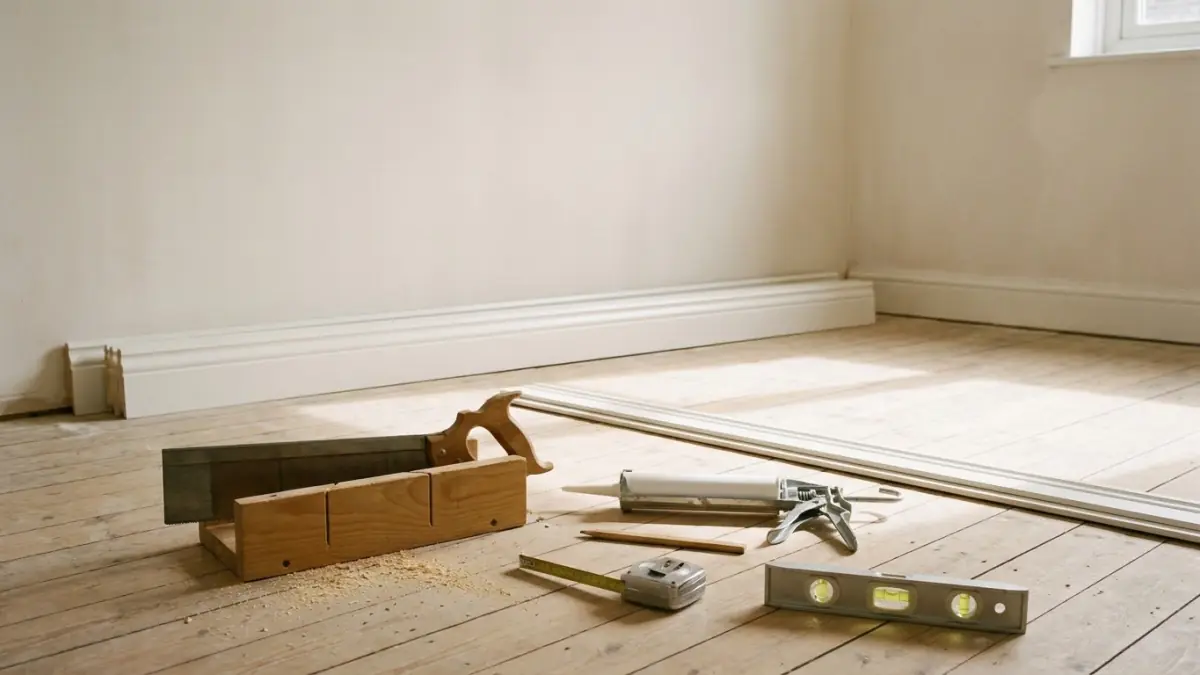 Skirting board lengths, a mitre box and saw, a caulking gun, a pencil, a tape measure and a spirit level.