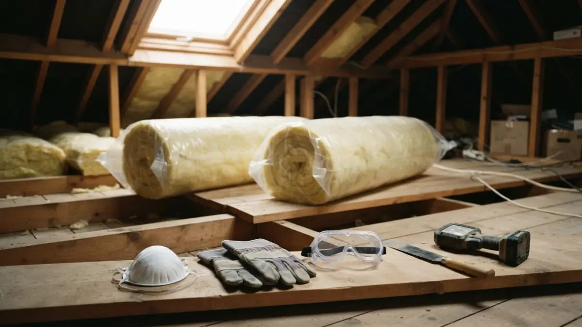 Two wrapped rolls of mineral wool, a dust mask, gloves, goggles, a knife and a work lamp on loft boards.